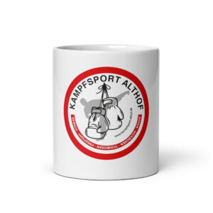 Weiße, glänzende Tasse mit Kampfsport Althof Logo
