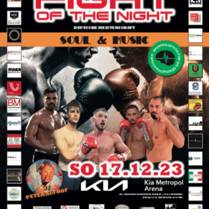 Zu sehen ist das Werbeplakat für die Fight of the Night am 17.12.2023 mit den verschiedenen Kämpfern und den Sponsoren des Events