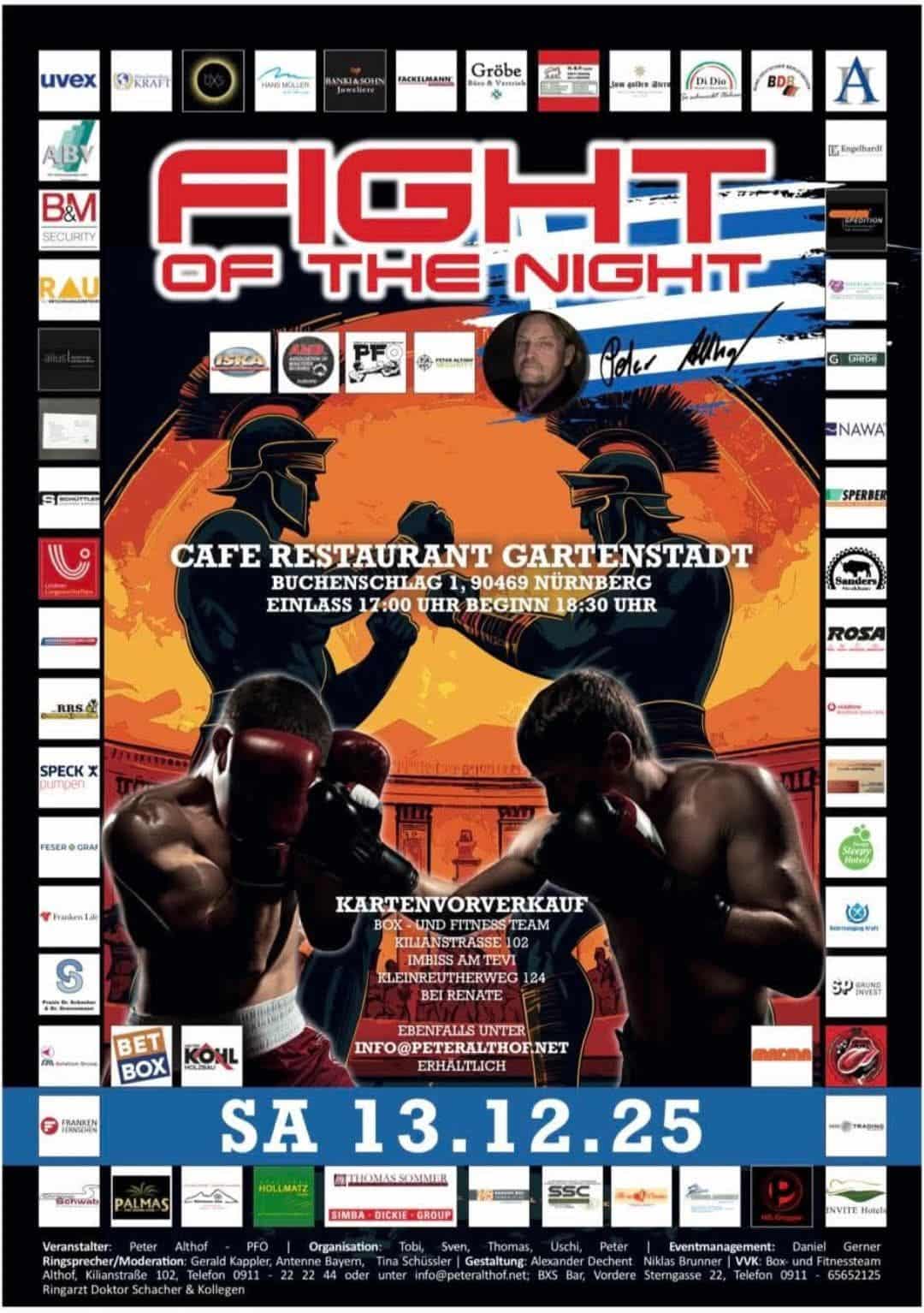 Plakat mit dem roten Schriftzug Fight of the Night SAmstag 13.12.2025 und 2 Boxern im Hintergrund und am Rand sind die Logos von Sponsoren abgebildet